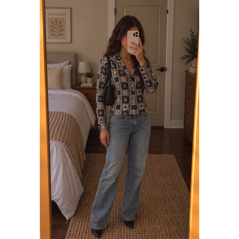 Vintage Harve Benard Geometric Print Button Up Blouse Top Office Siren 90s MP
